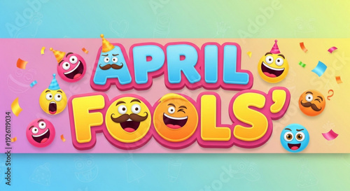 Colorful april fools' day banner with laughing emojis and confetti on pastel background