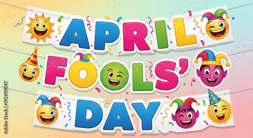 Colorful april fools' day banner with emojis and confetti on pastel background