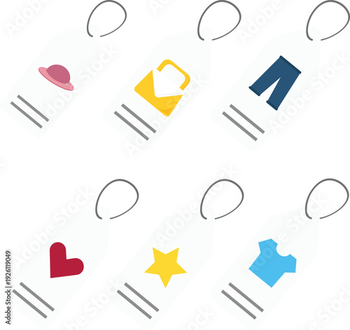 A comprehensive collection of six flat vector merchandise tags. Each white paper tag features a unique colorful icon: a pink sun hat, a yellow bag, blue trousers, a red heart, a yellow star, etc
