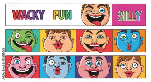 Colorful cartoon faces with wacky expressions and words