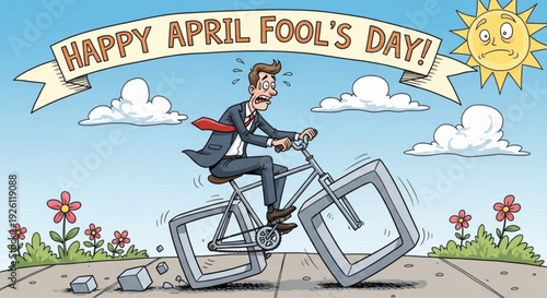 Man riding bicycle with broken tvs on april fool's day with sunny background