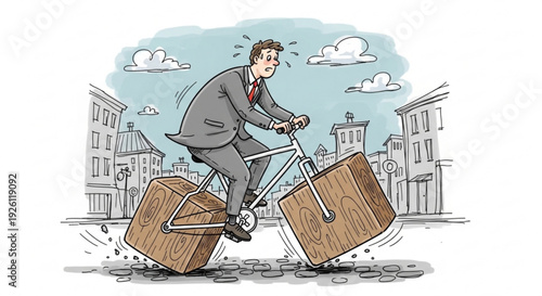 Businessman riding bicycle with large suitcases commuting to work in city