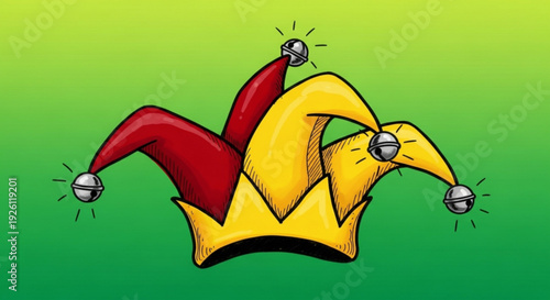 Jester's hat with red and yellow points and silver bells on a green background symbolizing comedy and jester roles