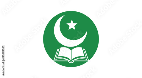 A vibrant green circular emblem displays a crescent moon star and open book in white silhouette high quality