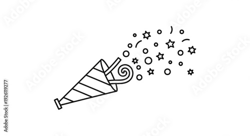 Black and white illustration of a festive party horn blowing stars and confetti