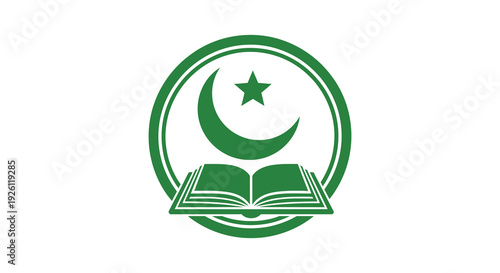 A vibrant green emblem showcasing a crescent moon star and open book design silhouette high quality professional detailed
