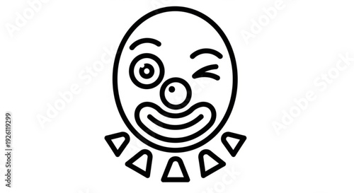 Winking clown face with triangular collar smiling on white background in black lines