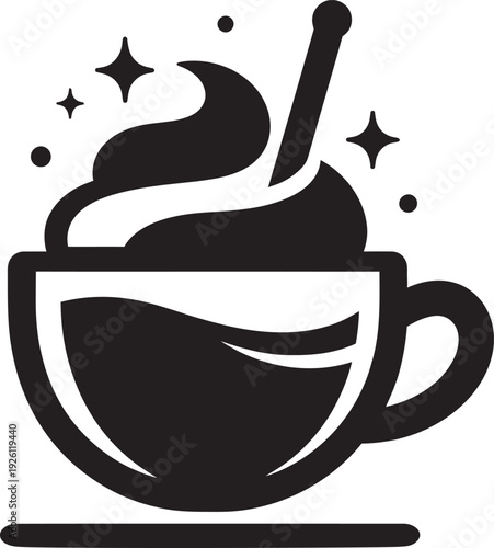 Minimalist black and white coffee cup icon with whipped cream and sparkling stars for creative cafe logo.