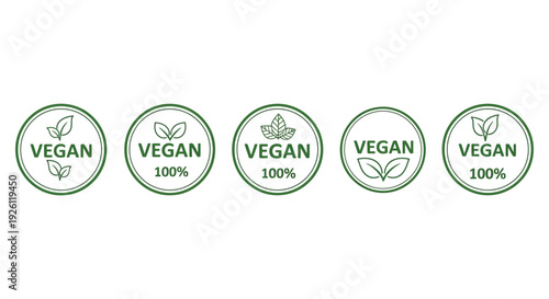 Collection of five different minimalist vector graphic designs for 100 percent vegan food product labeling
