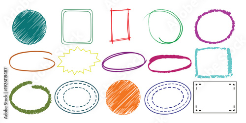 Hand drawn crayon box frame with black pen border and doodle rectangle shape. Dialogue cloud shapes, cartoon crayon communication frame, text box 