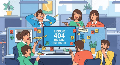Group of coworkers experiencing error 404 brain not found in modern office setting with stressed employees