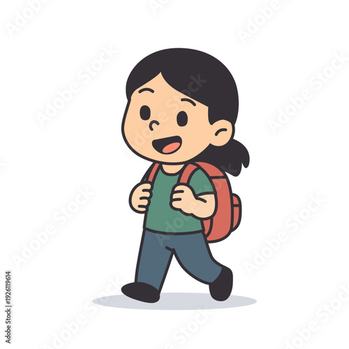 Cheerful School Girl Walking with Red Backpack and Green Dress, Cute Flat Vector Cartoon Character