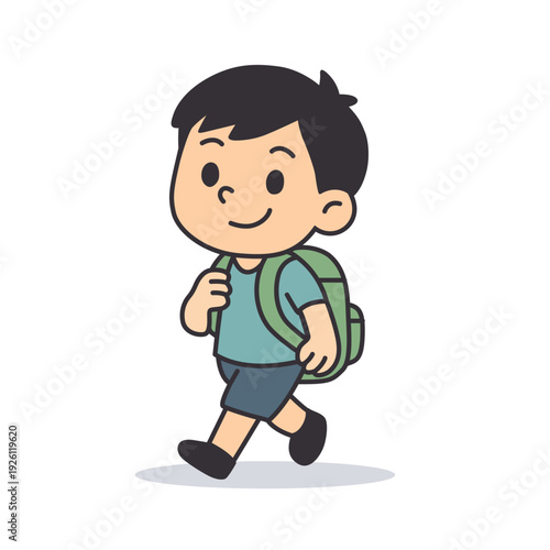 Calm Boy Walking a School with Green Backpack, Cute Flat Vector Cartoon Character