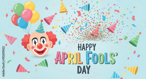 Colorful april fools' day celebration with clown face and party elements on light blue background