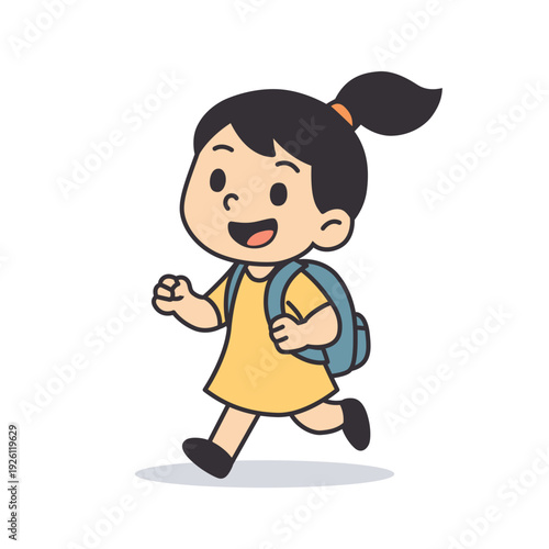 Cheerful School Girl with Blue Backpack and Yellow Frock, Cute Flat Vector Cartoon Character