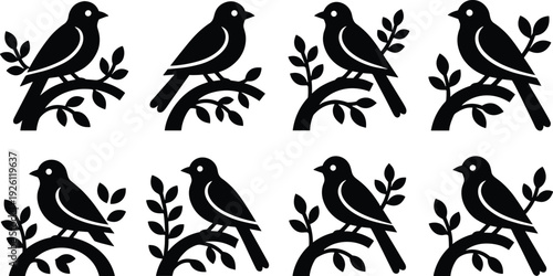 Stylized black silhouette illustration of eight birds perched on leafy branches in repetitive arrangement, symbolizing wildlife, nature, artistic decoration, and creative design for educational or 