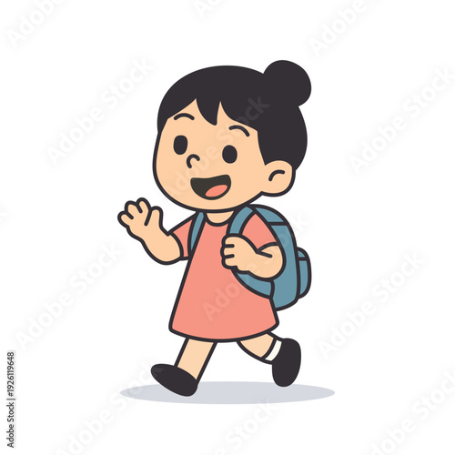 Friendly Elementary Girl Greeting with Blue Backpack,  Minimal Vector Cartoon in Pink Frock