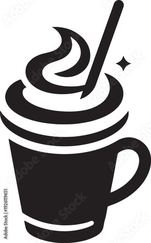 Black silhouette of a sweet coffee frappe cup with whipped cream and a straw isolated on white background.