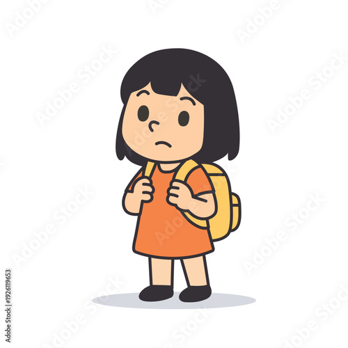 Serious School Girl with Orange Backpack, Thoughtful Flat Vector Cartoon Character