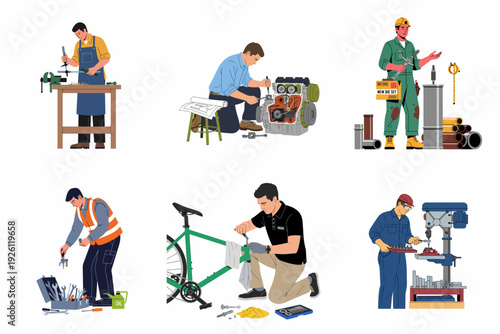 Diverse skilled tradesmen performing various mechanical, construction, and maintenance tasks. Illustrations depicting workers with tools for repair, engineering, and manufacturing.
