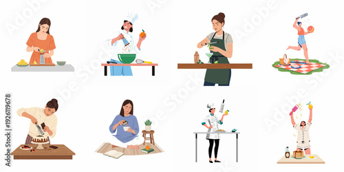 Diverse individuals engaged in culinary arts, from zesting citrus for drinks and baking to grating chocolate for cakes, illustrating various joyful food preparation moments.