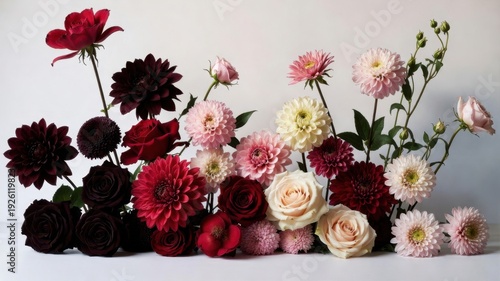 Variety of pink and red flowers in elegant arrangement.