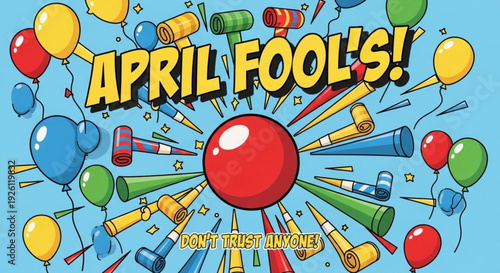Colorful april fool's day celebration with balloons and party horns on blue background