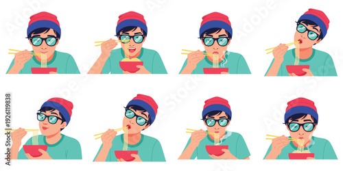 Young man eating ramen noodles with various expressions