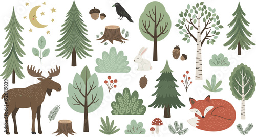 Forest Wildlife and Nature Illustration Set with Trees, Fox, Moose, Rabbit, Birds, Mushrooms, and Forest Elements for Eco-friendly and Outdoor Graphics