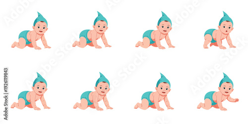 Crawling baby in diaper with a playful expression