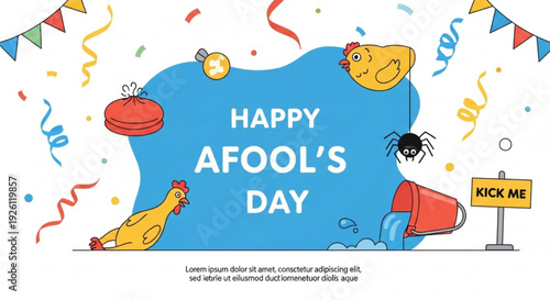 Happy april fools' day celebration with colorful decorations and prank signs