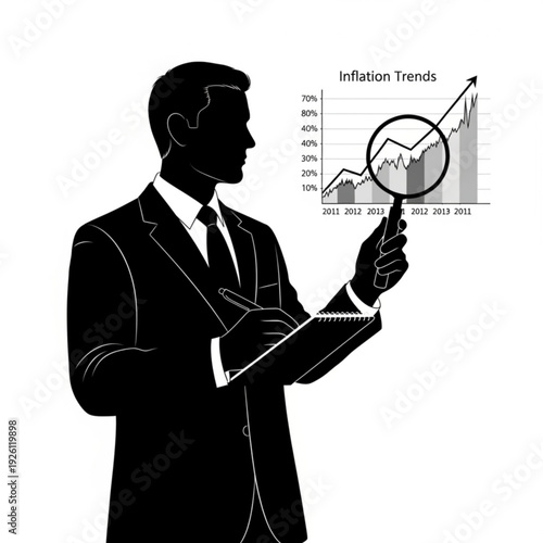 Businessman analyzing inflation trends graph with magnifying glass