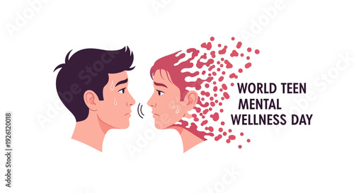 Illustration of two teens facing each other with mental wellness theme on World Teen Mental Wellness Day with red particles.