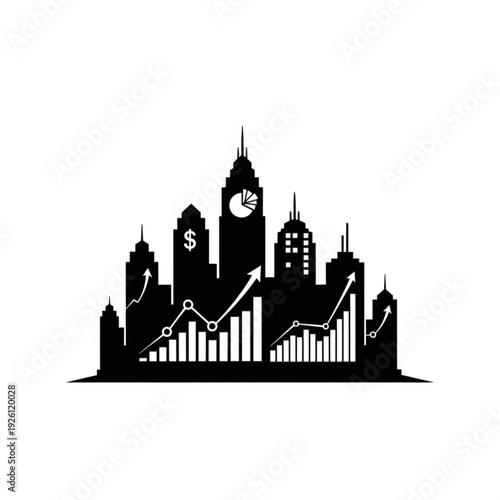 Black city skyline silhouette with graphs