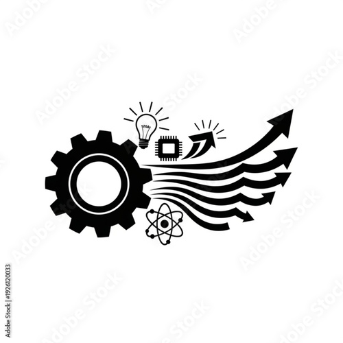 Innovation concept with gear, light bulb, and atom