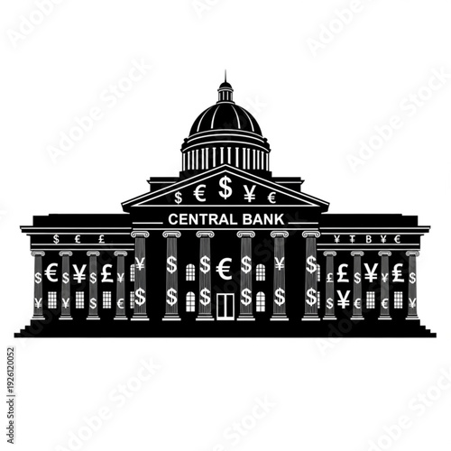 Central bank building with currency symbols on columns