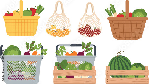 Farmers Market Basket Illustration Set with Fresh Produce, Vegetables, Fruits, and Eco-friendly Shopping Bags for Organic Lifestyle and Healthy Eating