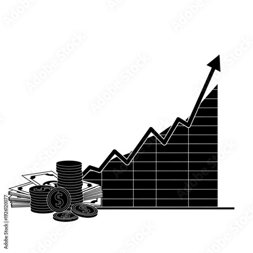 Black and white graph with coins and bills showing financial growth