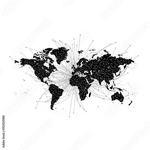 Black world map with connecting lines