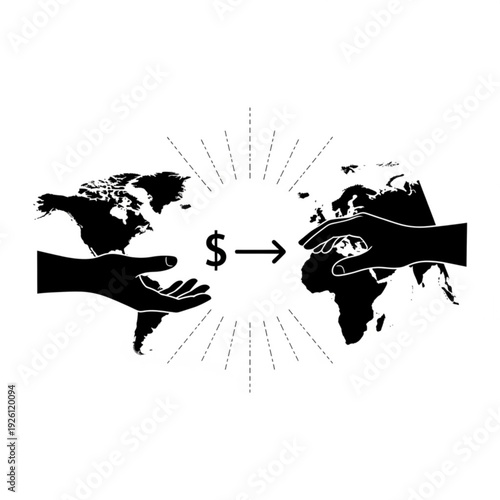 Global financial transaction with hands and dollar sign
