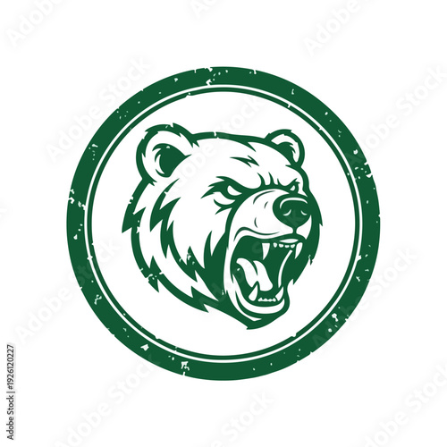 A green and white illustration of an angry bear's head in a circular frame with a distressed texture on a plain white background.