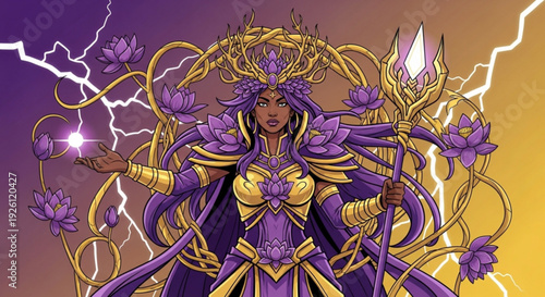Powerful sorceress with purple and gold costume holding staff with lightning bolts and flowers