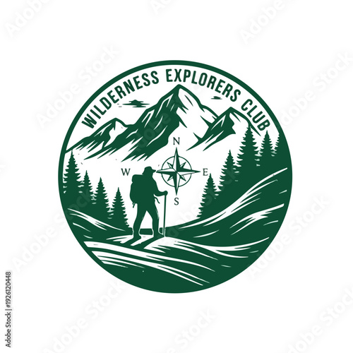 Green logo illustration of a hiker with a compass and trekking pole standing in front of mountains and trees, representing the Wilderness Explorers Club.
