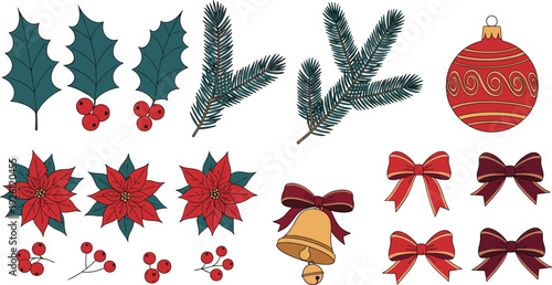 Christmas Decoration Illustration Set with Poinsettia, Holly, Berries, Bells, Ornaments, and Ribbons for Holiday Season Graphics