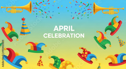 Colorful april celebration background with jester hats party horns and confetti on blue yellow gradient