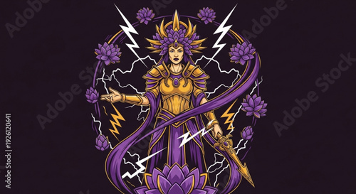 Warrior woman with purple hair and armor holds lightning bolts in mystical purple and gold costume with flowers