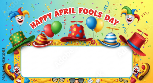 Colorful april fools day celebration background with jester hats and confetti