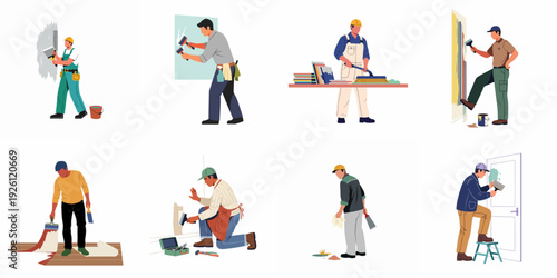 Diverse Home Improvement & Maintenance Workers: A collection of illustrations showing various professionals and homeowners performing renovation, repair, and cleaning tasks.