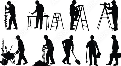 Construction, Survey and Maintenance Worker Silhouettes Set with Tools, Ladder, Tripod, Wheelbarrow and Shovel Isolated on White Background, Industrial Labor Concept