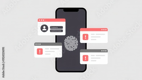 Smartphone with fingerprint scanner for secure mobile authentication, surrounded by various warning and login pop-up windows, illustrating data security and privacy concepts on a clean white